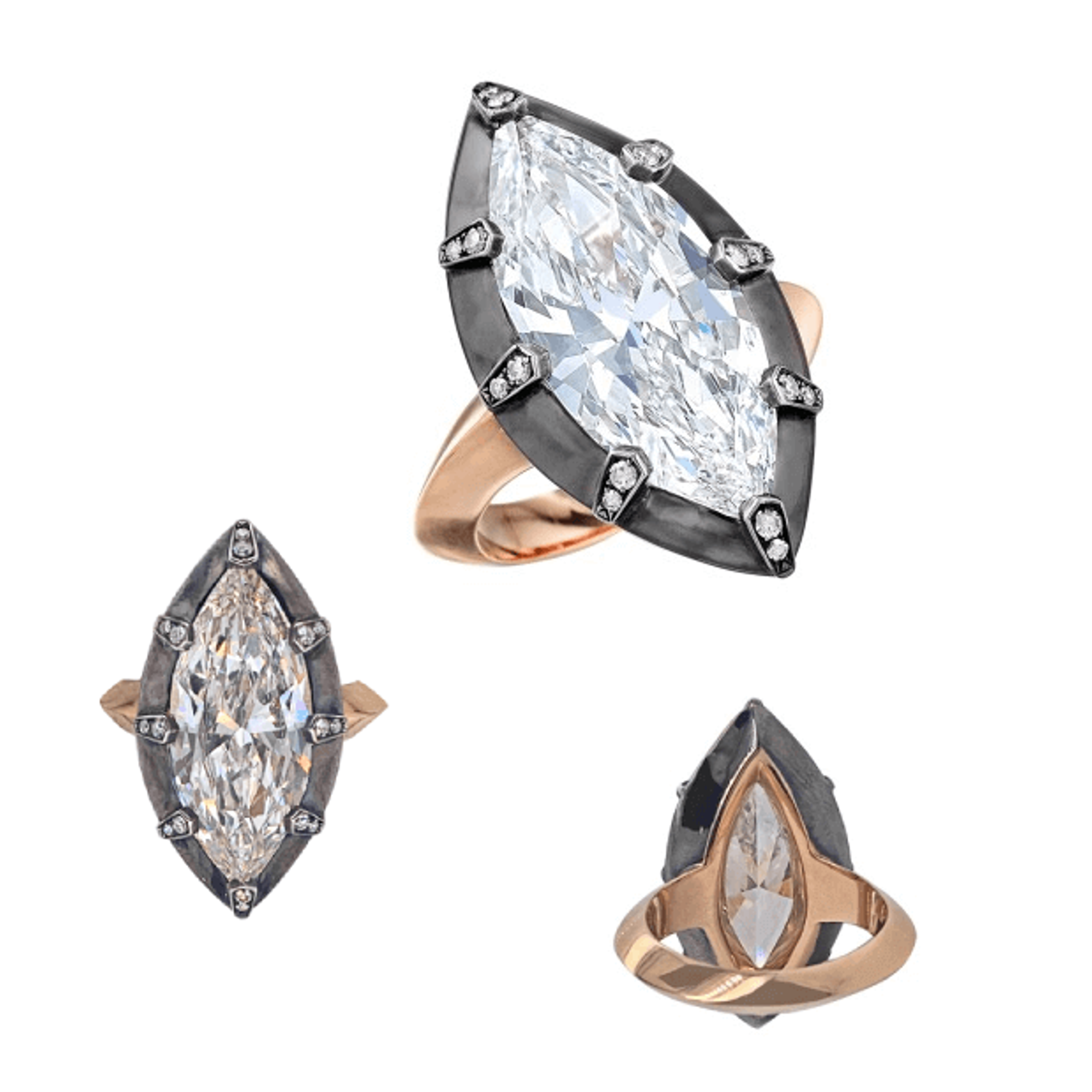 3 images of Sam Saidian 5.54 carat Marquise Cut diamond set on pink and blackened gold on while background