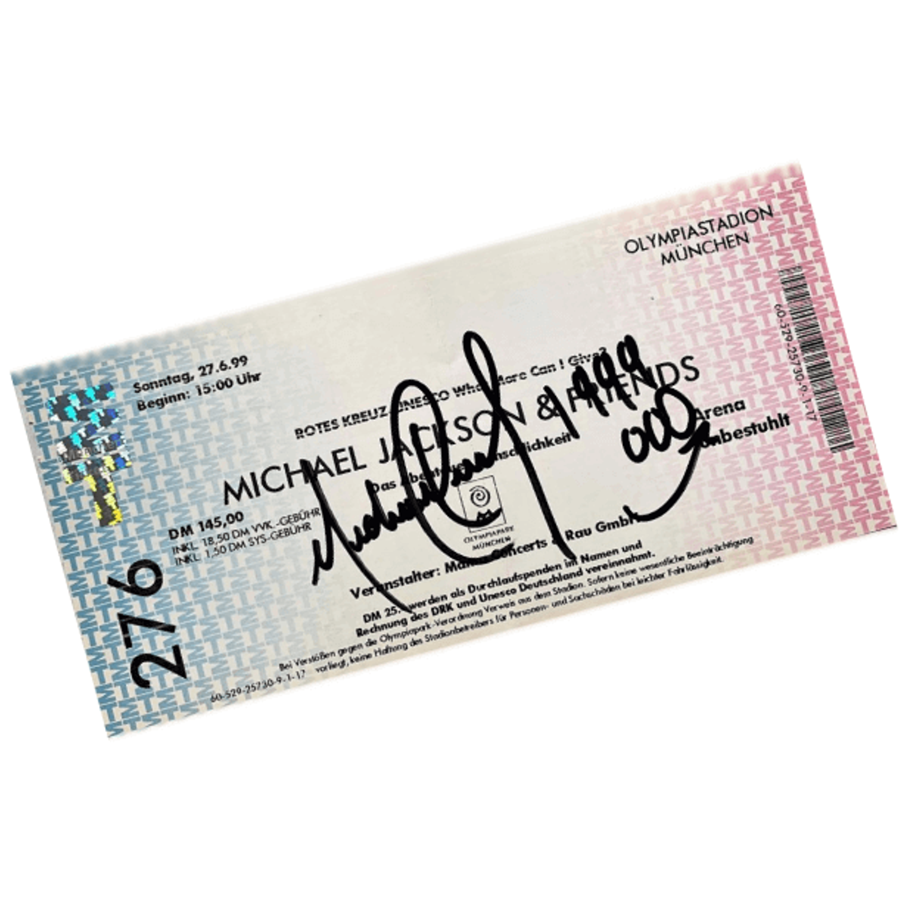 Signed Michael Jackson concert ticket from 1999 on white background