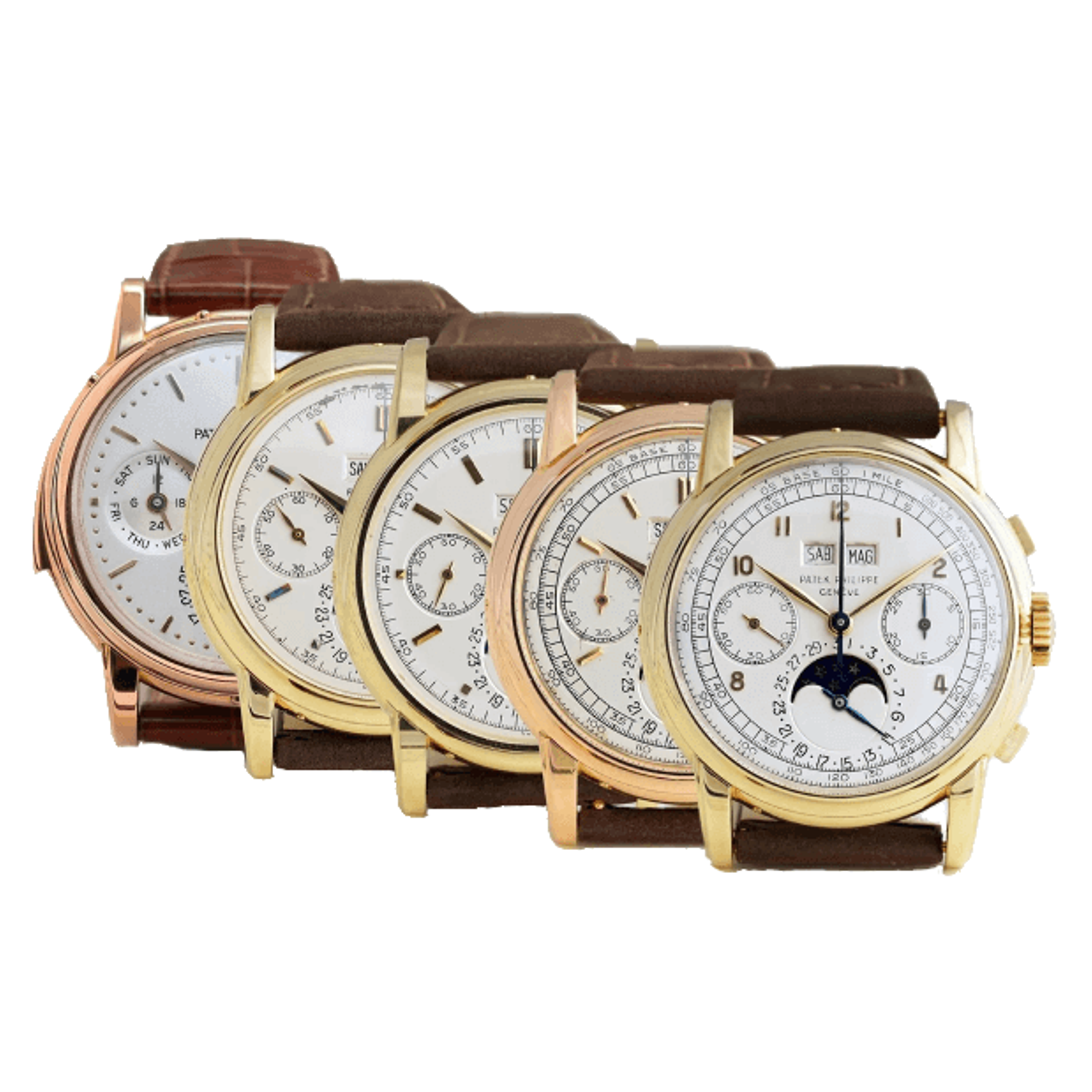 5 Patek Phillipe 1518 watches on white background