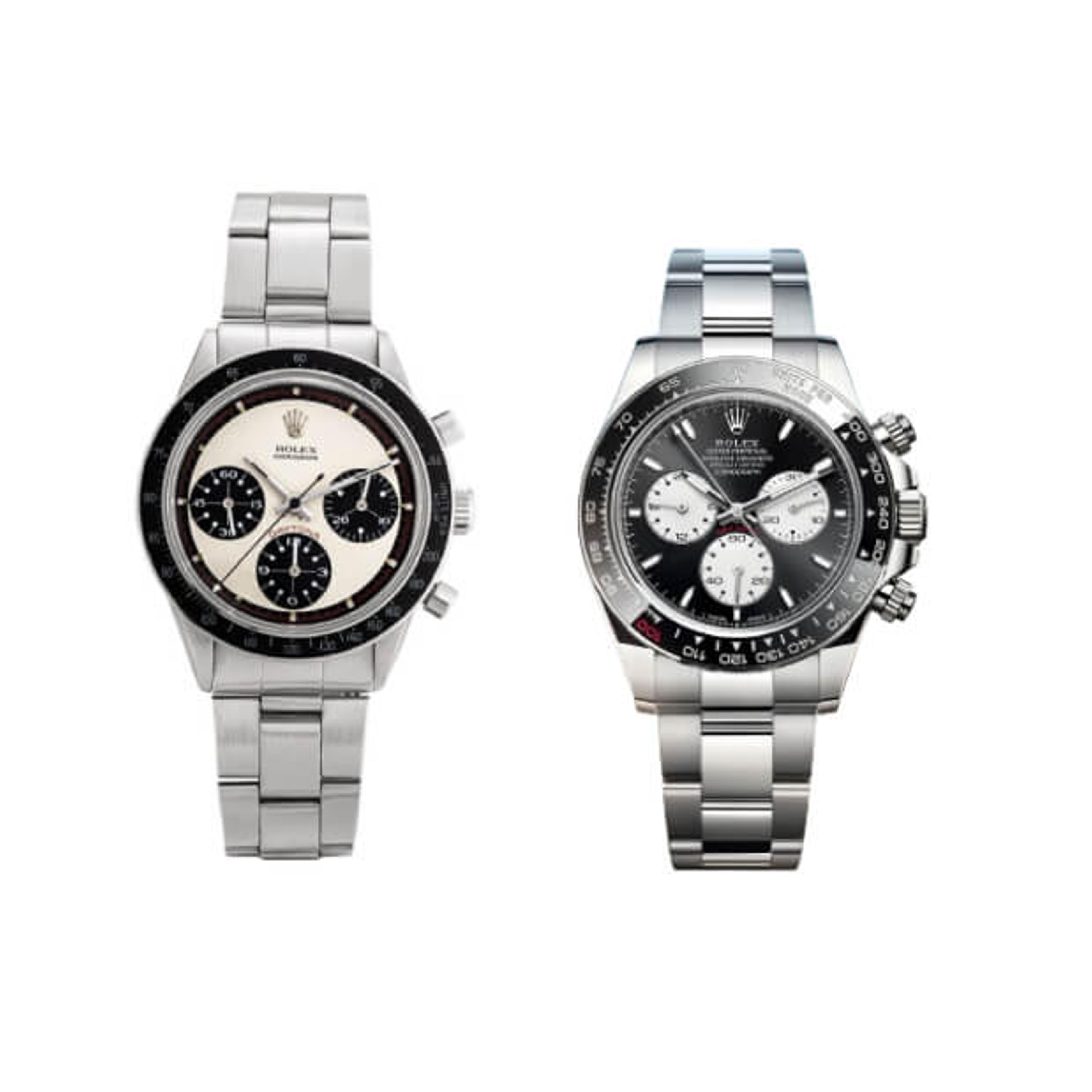 Rolex Daytona Paul Newman Ref. 6241 and Rolex Daytona Le Mans Ref. 126529LN on white background