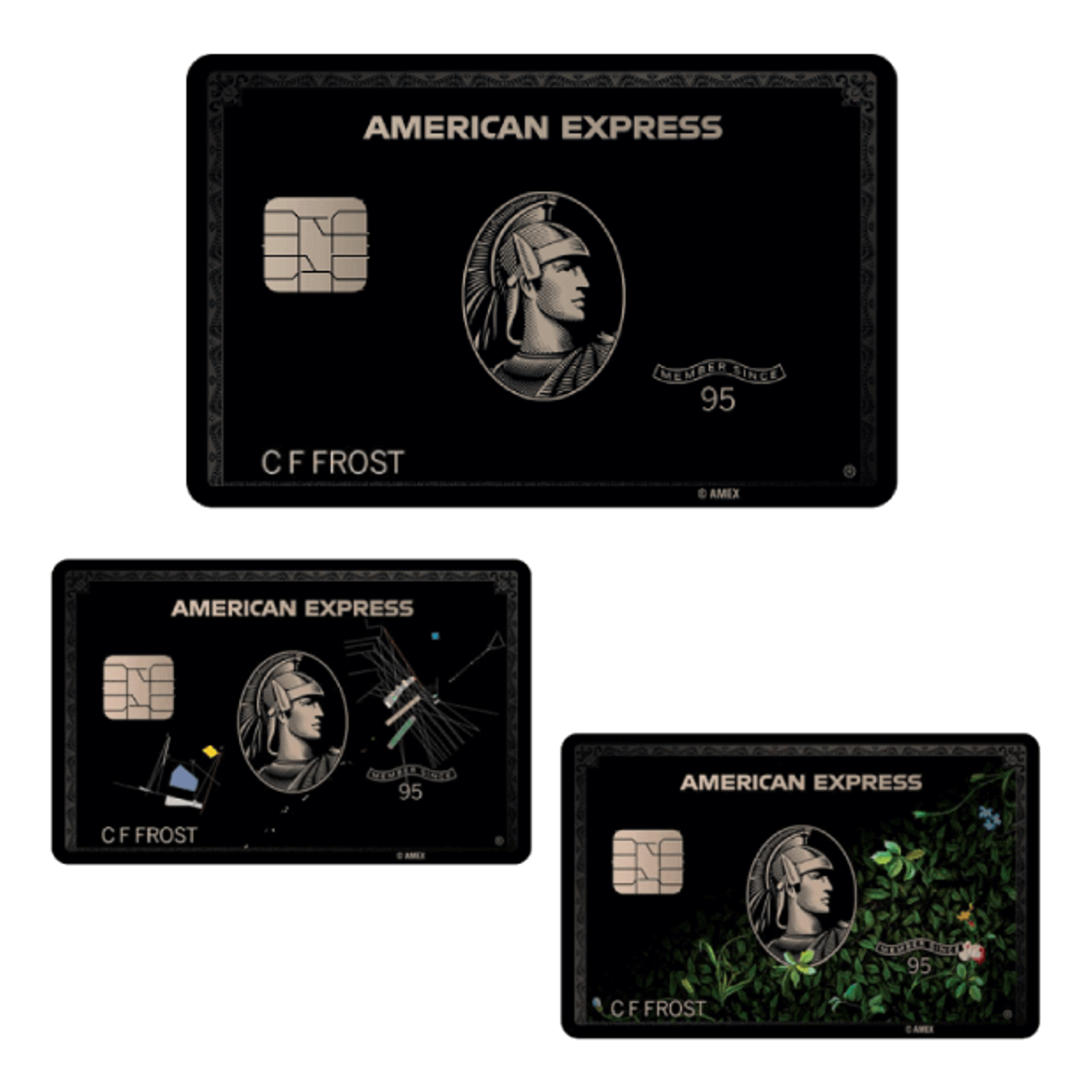 3 Amex black cards with different designs on white background