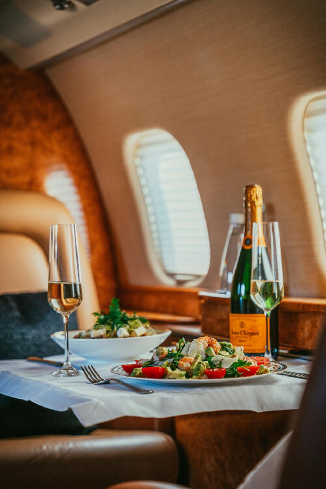 Champagne with lunch on a private jet