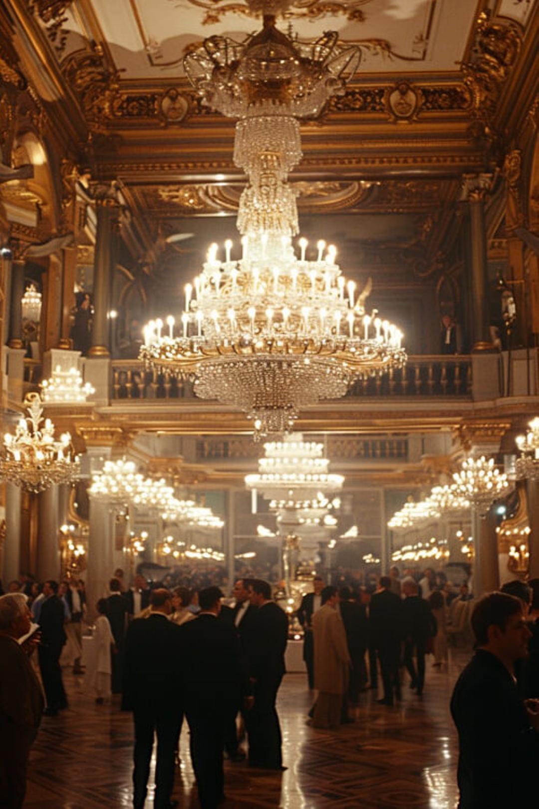 People gathering at a black-tie event in a ballroom, with massive chandellier hanging from ceilint